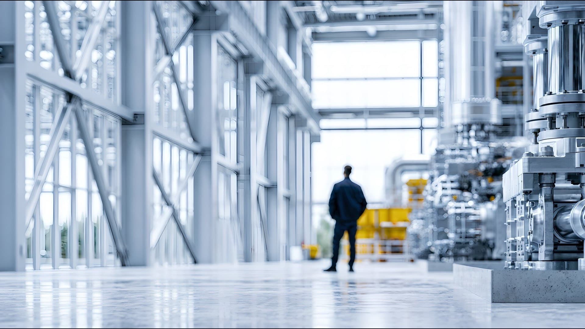 Interior de uma planta industrial moderna em operação, com maquinário pesado e um gestor no corredor de produção