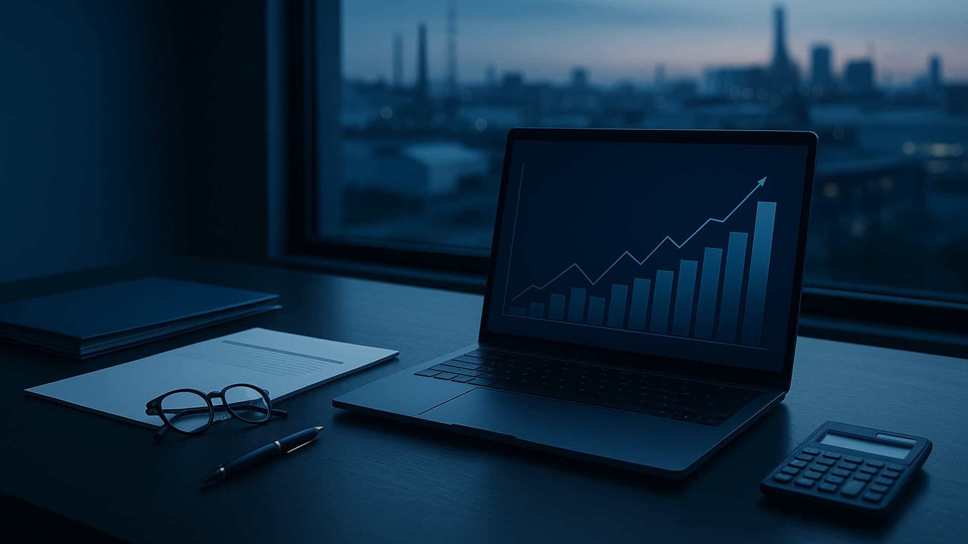 Mesa de direção financeira com relatórios e gráficos, gestão tributária de empresa no Lucro Real