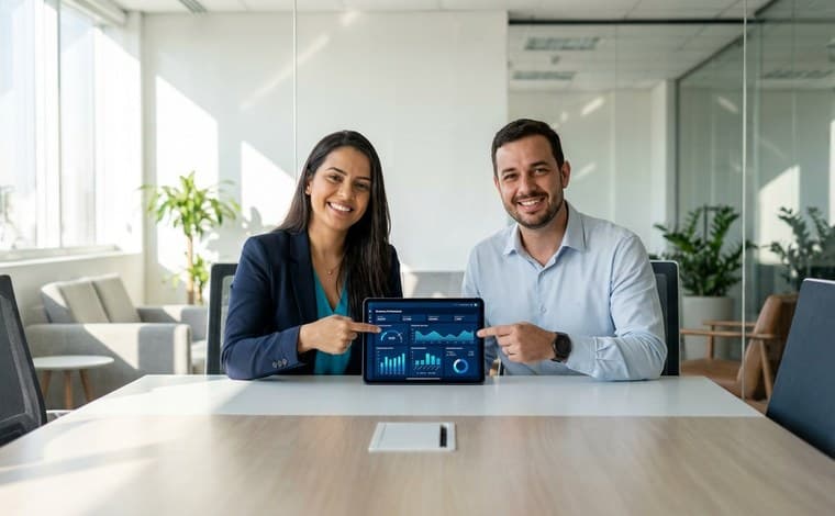 Contadora consultiva e empresário analisando indicadores juntos