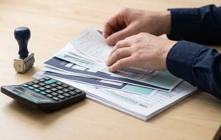 Guias de impostos e notas fiscais com calculadora sobre a mesa