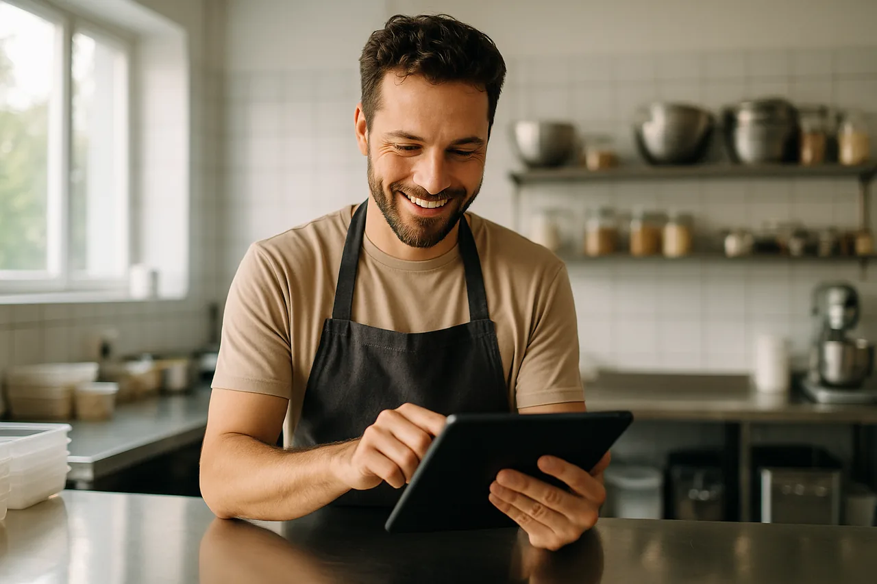 Empreendedor do setor de alimentos analisando documentos de abertura de empresa
