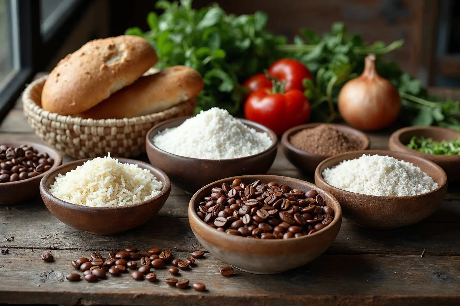 Arroz, feijão, café, açúcar, pão, ovos e legumes dispostos em tigelas sobre a mesa de madeira