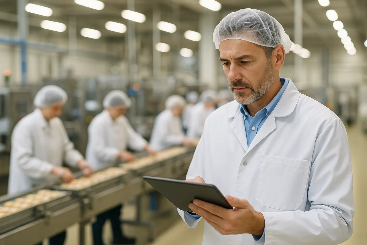 Supervisor de produção revisando escalas de turno na indústria de alimentos