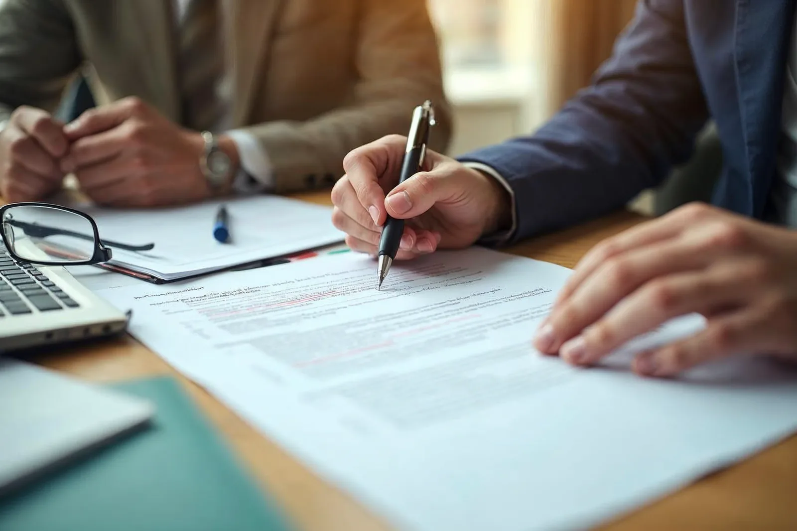 Duas pessoas assinam um contrato comercial impresso sobre a mesa do escritório