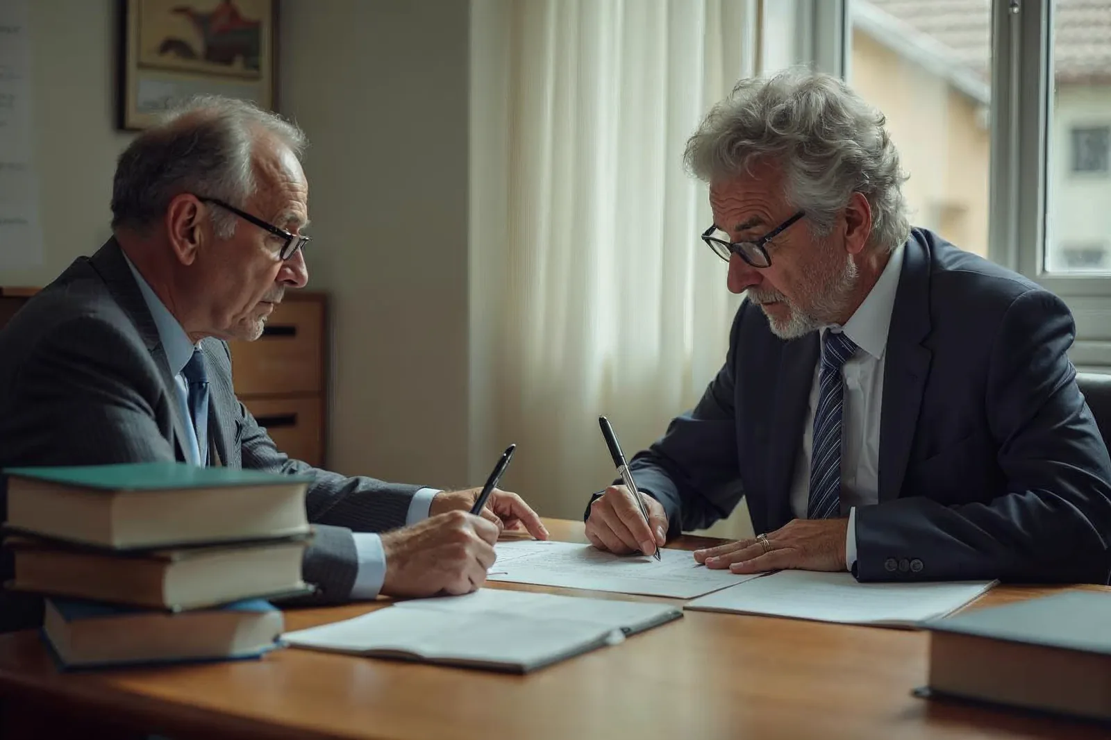 Empresário e advogado tributarista analisam um documento com códigos legais empilhados sobre a mesa