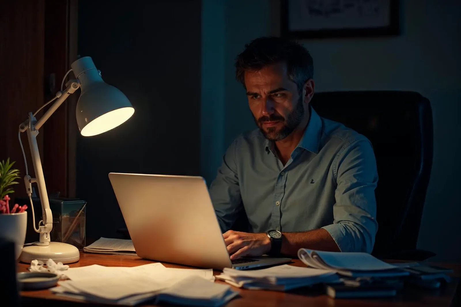Empresário preenche a declaração de imposto de renda no notebook à noite, cercado de comprovantes