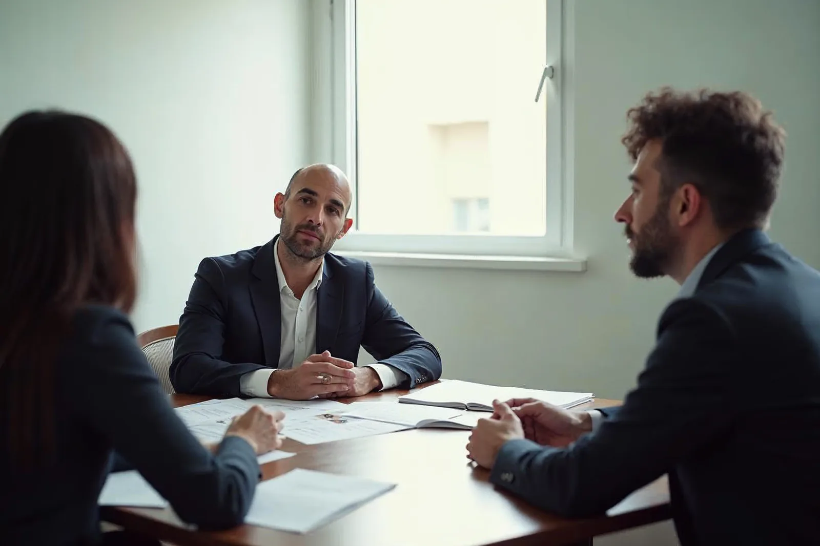 Consultor explica a dois clientes do outro lado da mesa, com material impresso à frente